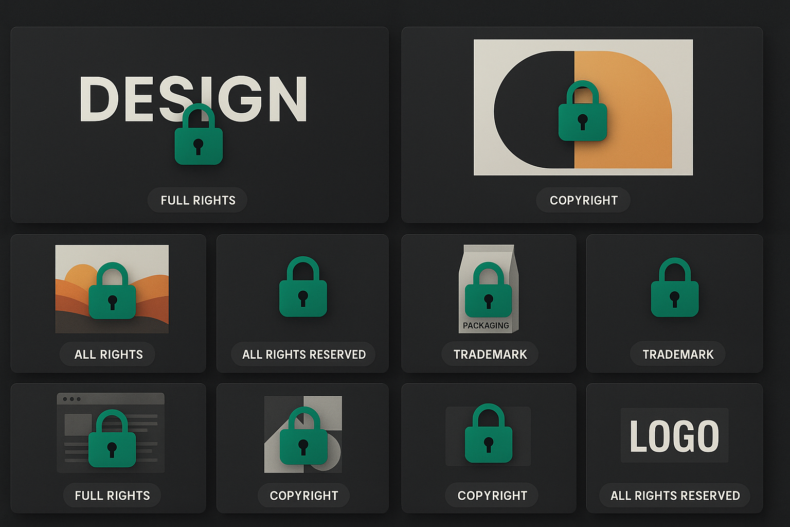 Designer's portfolio with lock icon showing protected work samples and usage rights