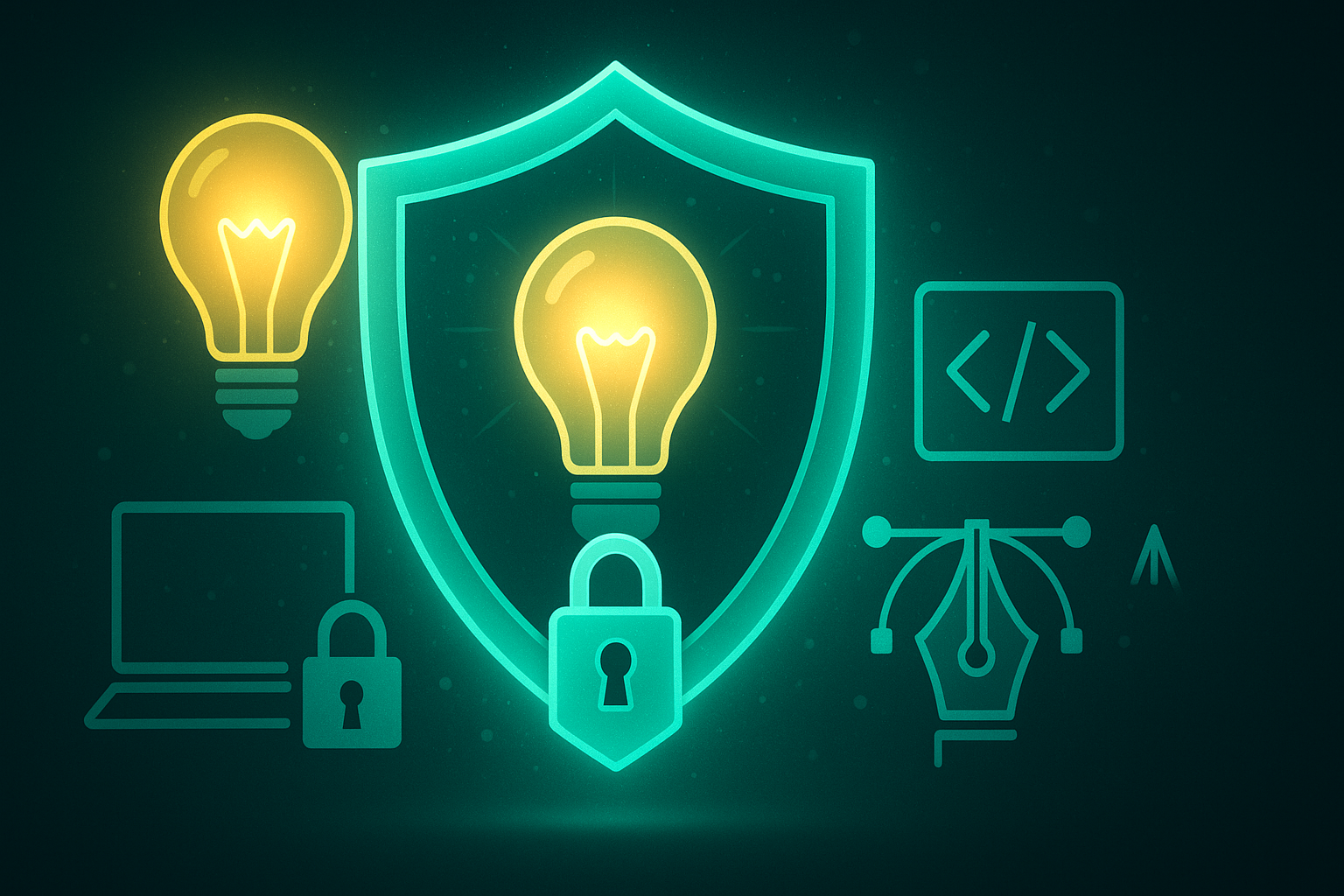 Creative ideas and code protected by digital shield representing intellectual property rights