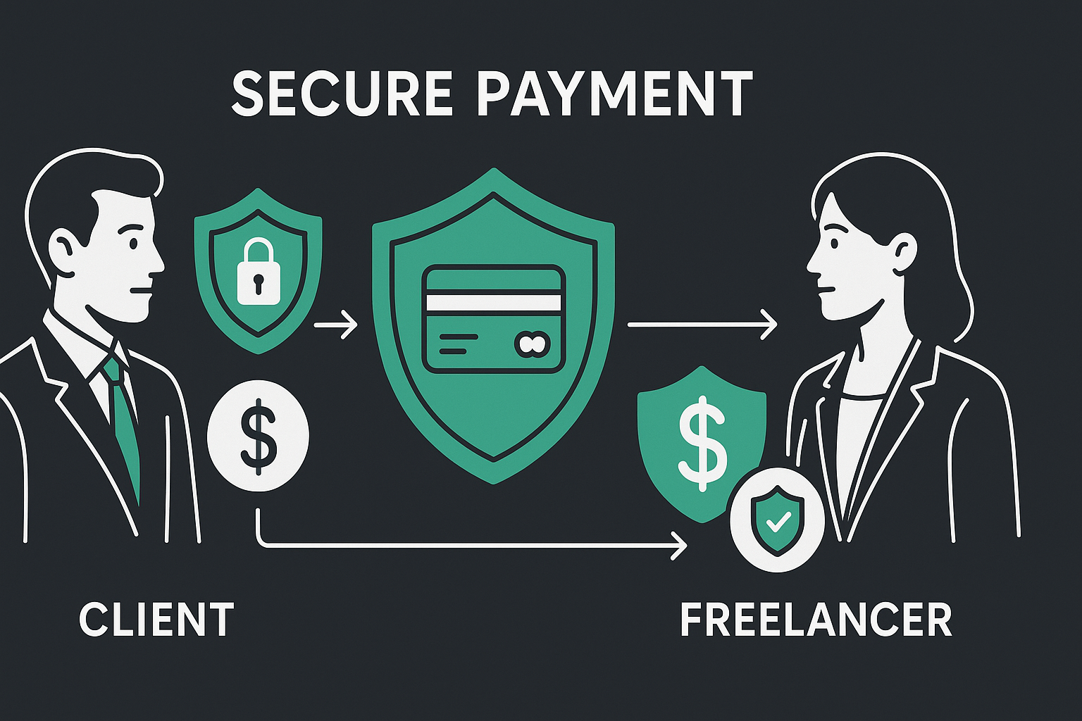 Secure payment flow diagram showing freelancer receiving timely payments with protection shields