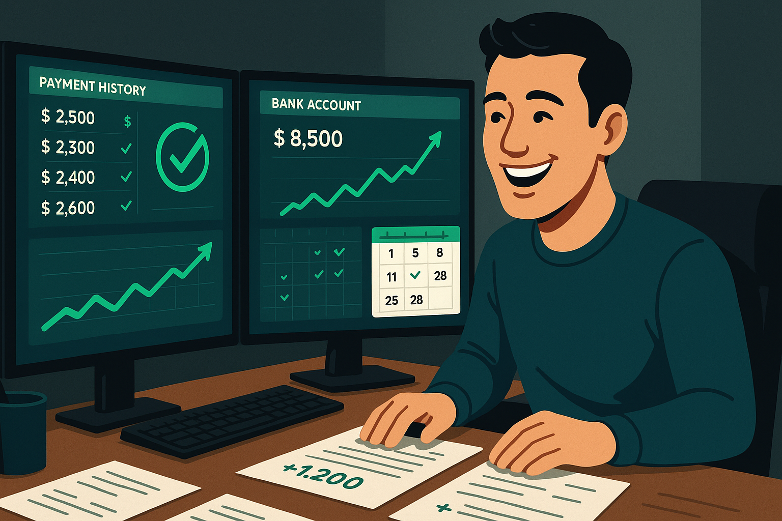 Happy freelancer reviewing successful payment history and financial security dashboard