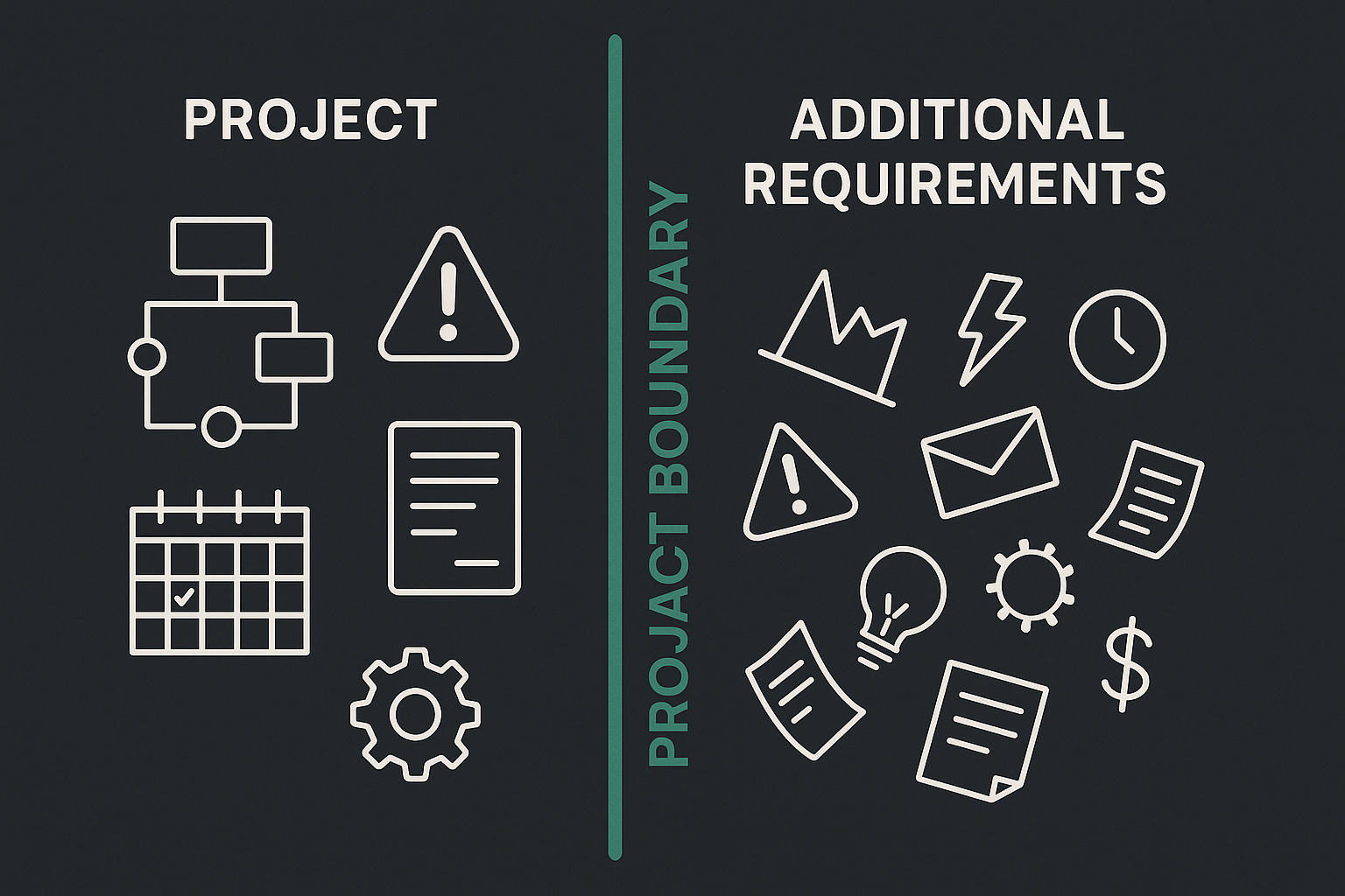 Clear project boundary visualization showing defined scope versus creeping additional requirements