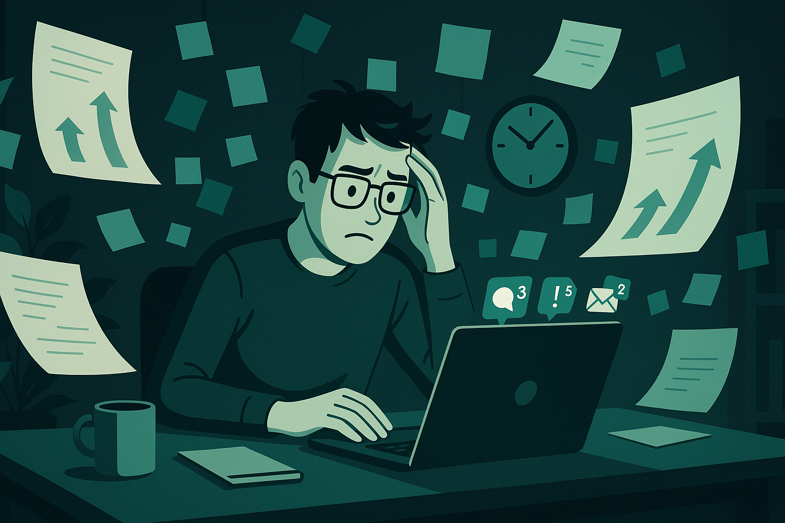 Freelancer overwhelmed by expanding project scope with documents and tasks multiplying around them